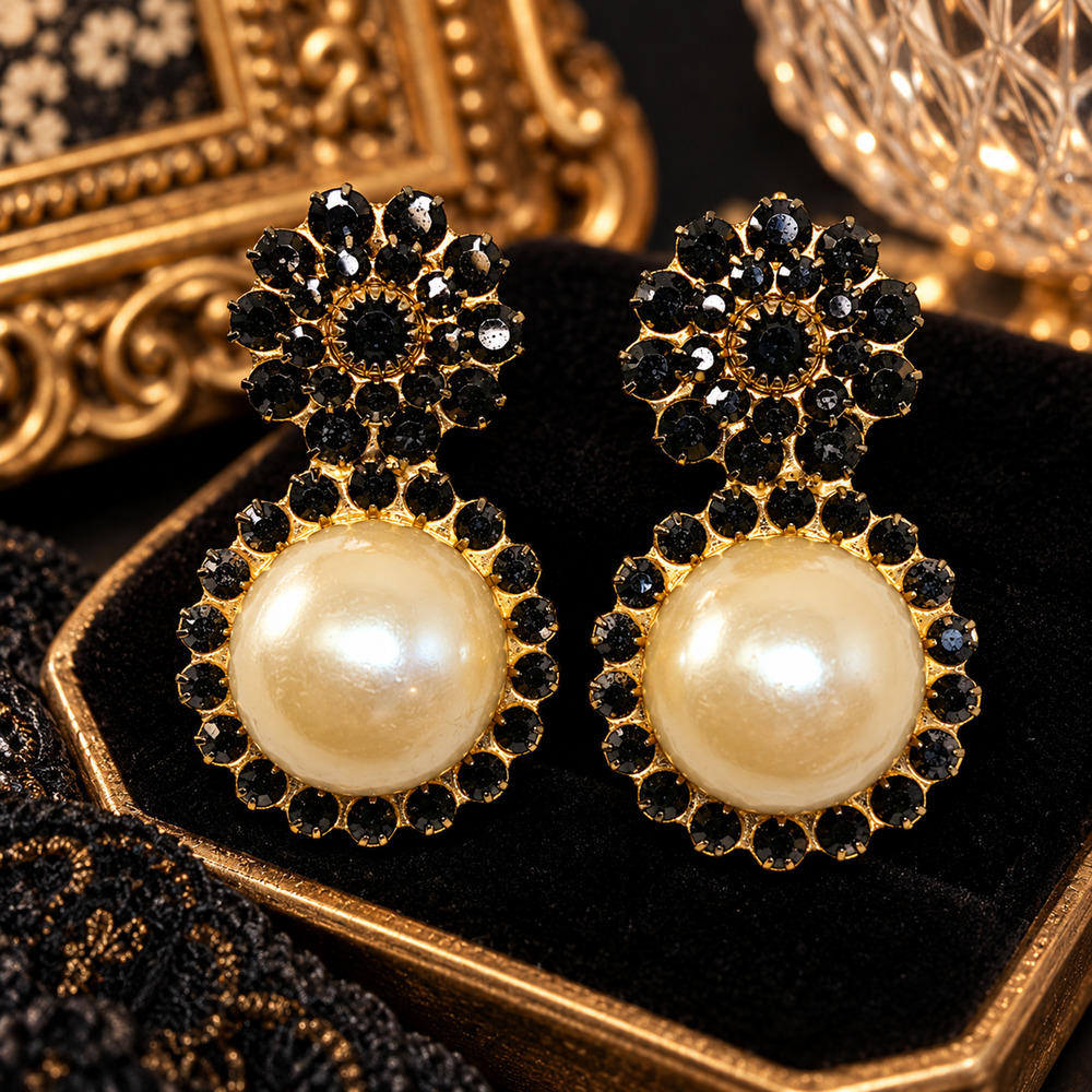 Vintage Style Faux Pearl Black Rhinestone Statement Drop Earrings Gold Tone 2"